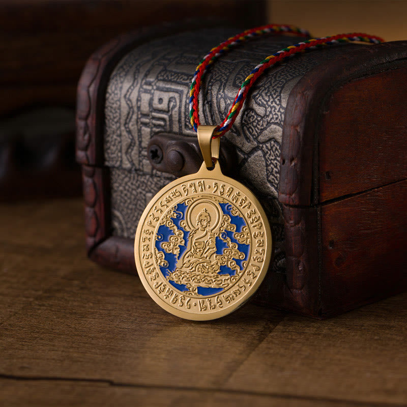 Blue Medicine Buddha Heart Mantra Titanium Steel Faith Colored Rope Necklace Pendant