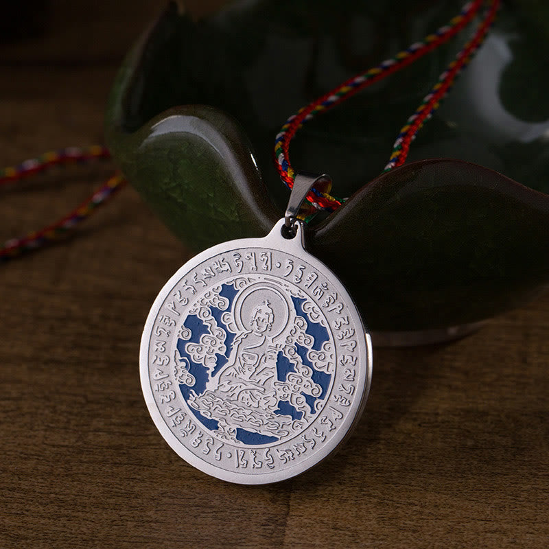 Blue Medicine Buddha Heart Mantra Titanium Steel Faith Colored Rope Necklace Pendant