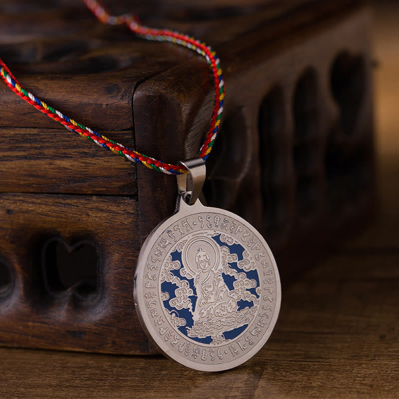 Blue Medicine Buddha Heart Mantra Titanium Steel Faith Colored Rope Necklace Pendant