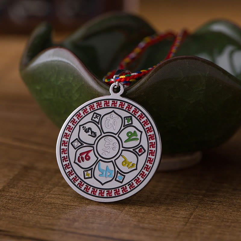 Colorful Om Mani Padme Hum Titanium Steel Protection Rope Necklace Pendant
