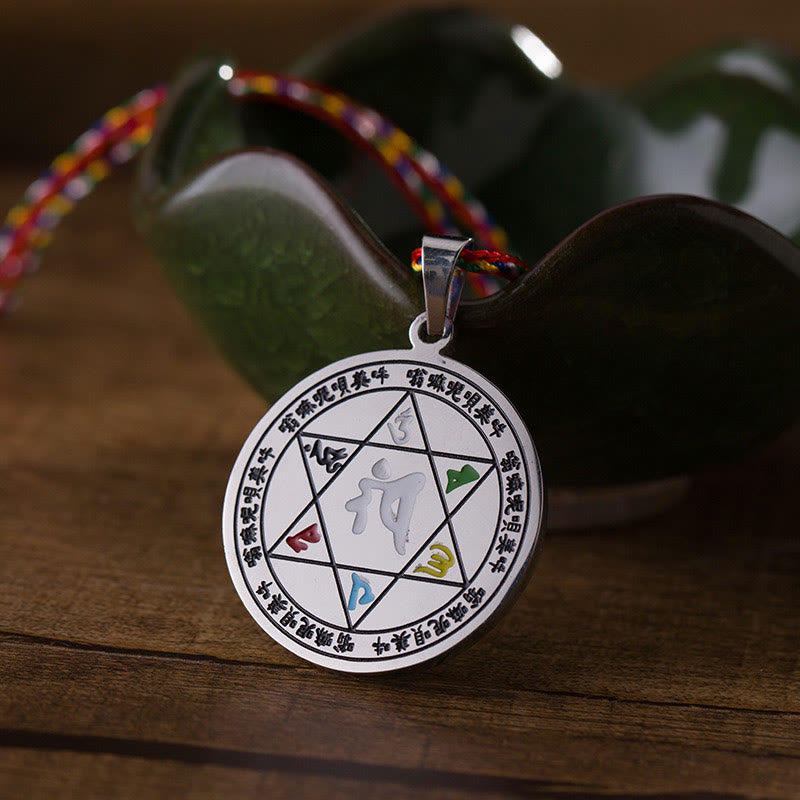 Colorful Om Mani Padme Hum Titanium Steel Protection Rope Necklace Pendant