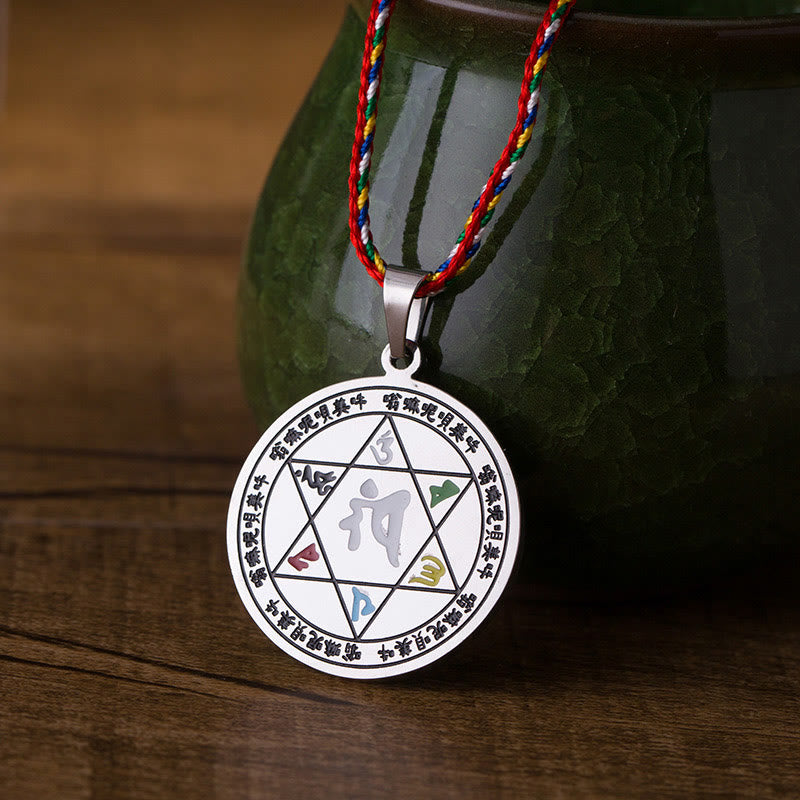 Colorful Om Mani Padme Hum Titanium Steel Protection Rope Necklace Pendant