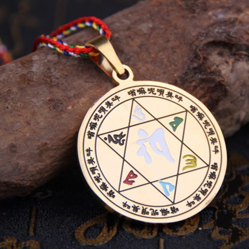 Colorful Om Mani Padme Hum Titanium Steel Protection Rope Necklace Pendant