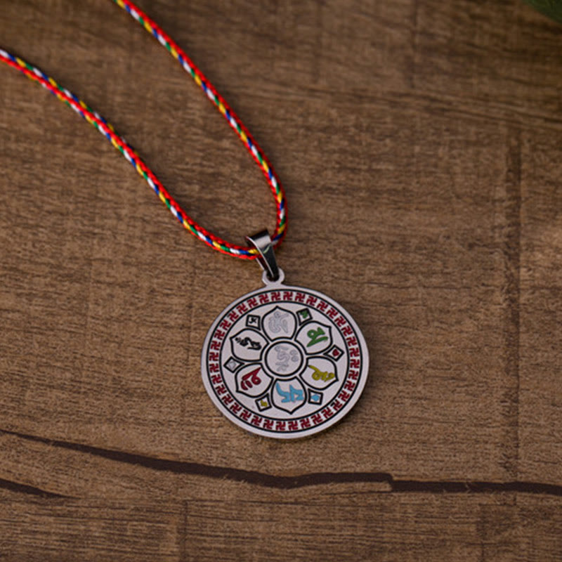 Colorful Om Mani Padme Hum Titanium Steel Protection Rope Necklace Pendant