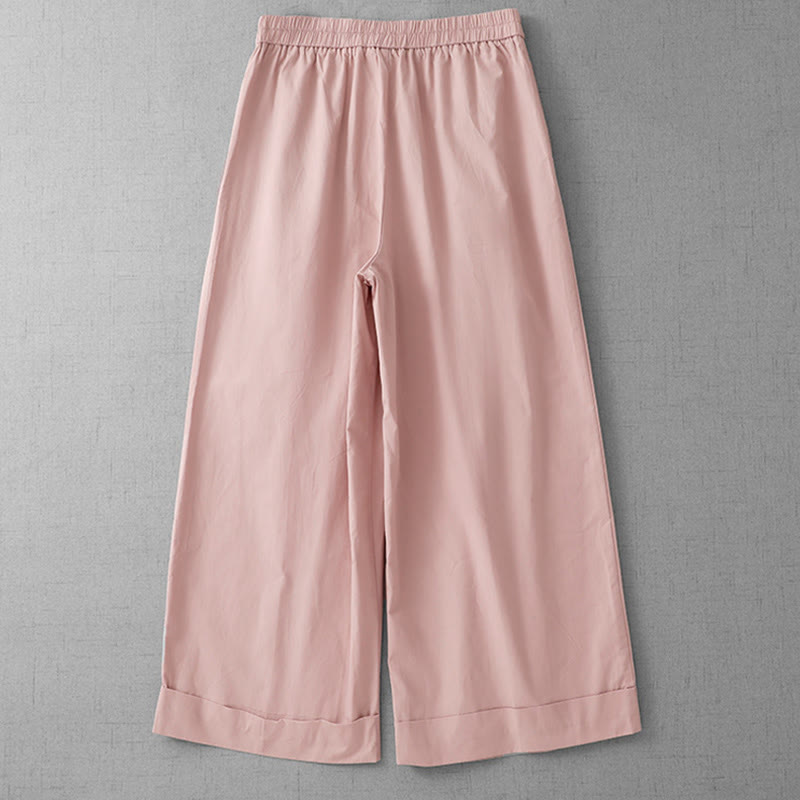 Casual Plain Polyester Women's 7-8 Length Wide Leg Pants With Pockets