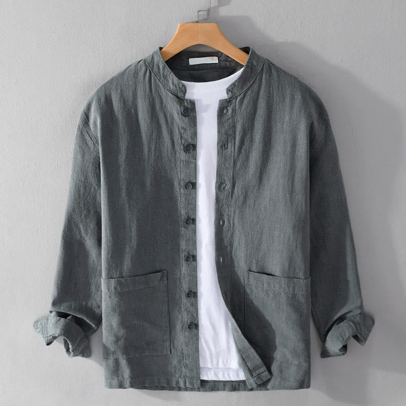 Ramie Cotton Stand Collar Mindful Meditation Men's Shirt