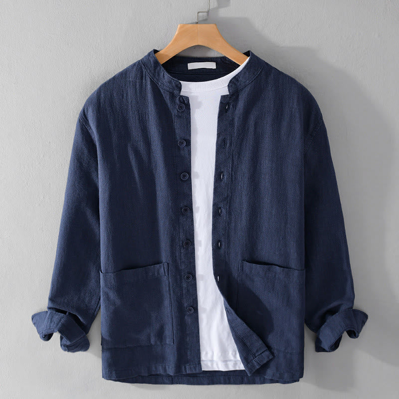 Ramie Cotton Stand Collar Mindful Meditation Men's Shirt