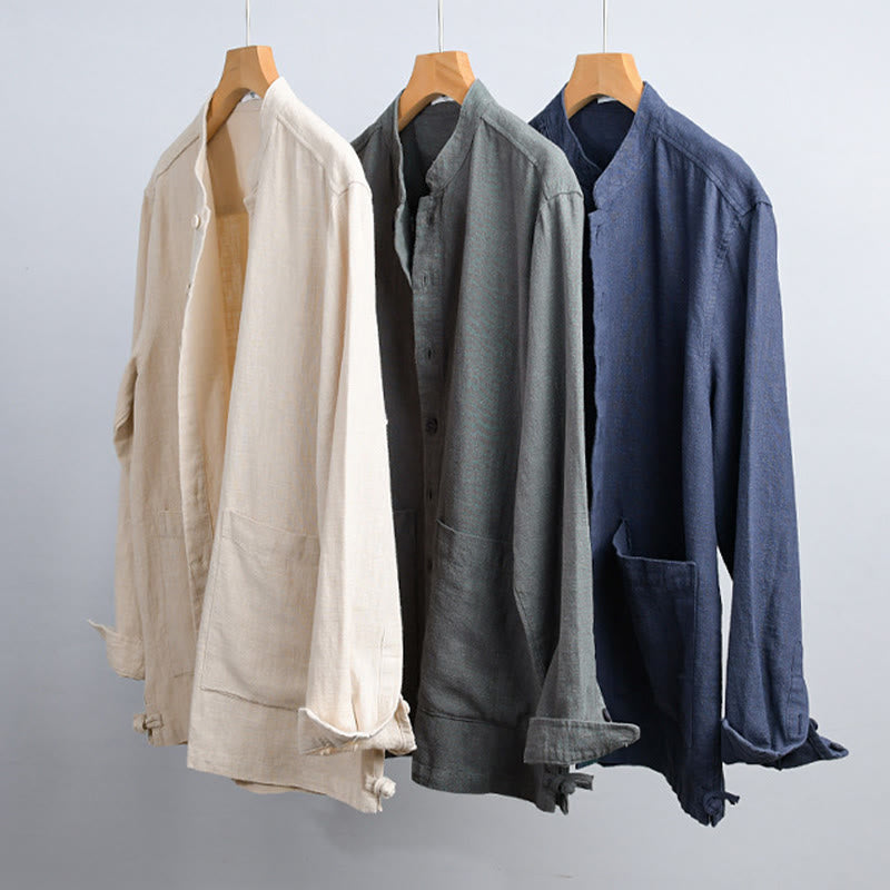 Ramie Cotton Stand Collar Mindful Meditation Men's Shirt