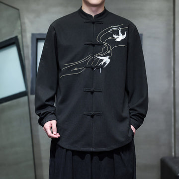 Breathable Frog-Button Embroidered Stand Collar Meditation Shirt