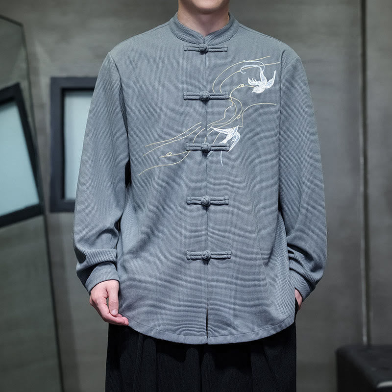 Breathable Frog-Button Embroidered Stand Collar Meditation Shirt