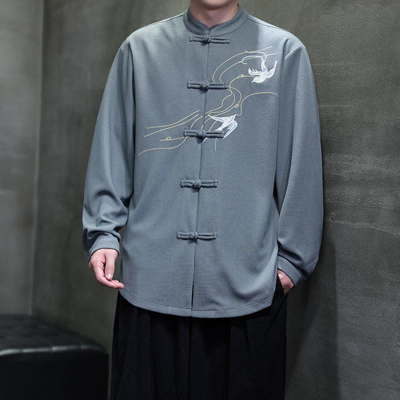 Breathable Frog-Button Embroidered Stand Collar Meditation Shirt