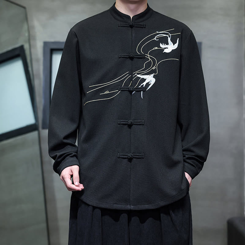 Breathable Frog-Button Embroidered Stand Collar Meditation Shirt