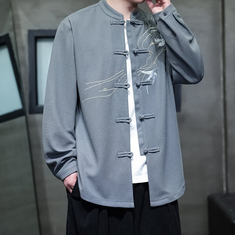 Breathable Frog-Button Embroidered Stand Collar Meditation Shirt