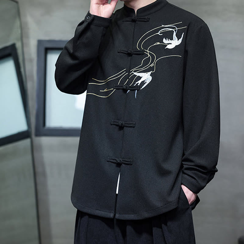 Breathable Frog-Button Embroidered Stand Collar Meditation Shirt