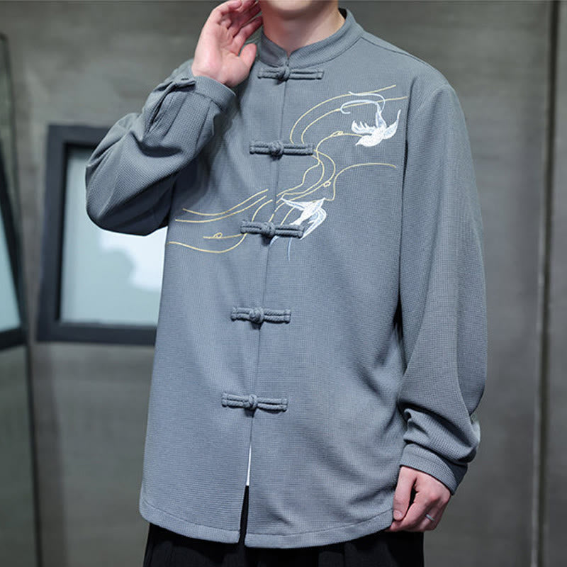 Breathable Frog-Button Embroidered Stand Collar Meditation Shirt