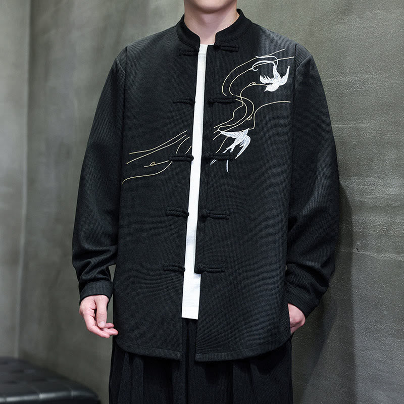 Breathable Frog-Button Embroidered Stand Collar Meditation Shirt