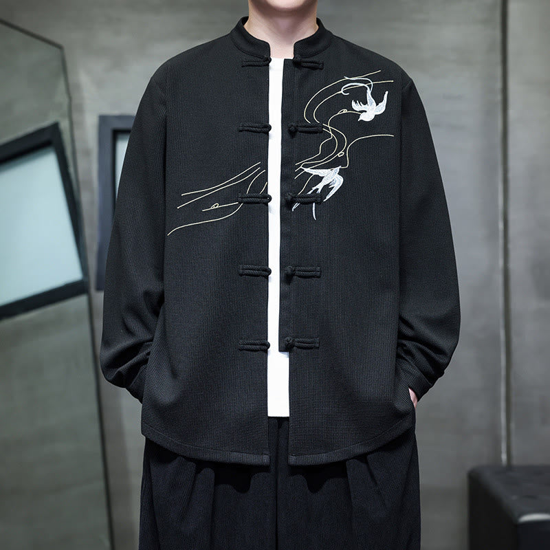 Breathable Frog-Button Embroidered Stand Collar Meditation Shirt