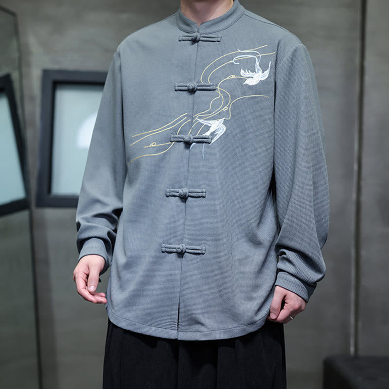 Breathable Frog-Button Embroidered Stand Collar Meditation Shirt
