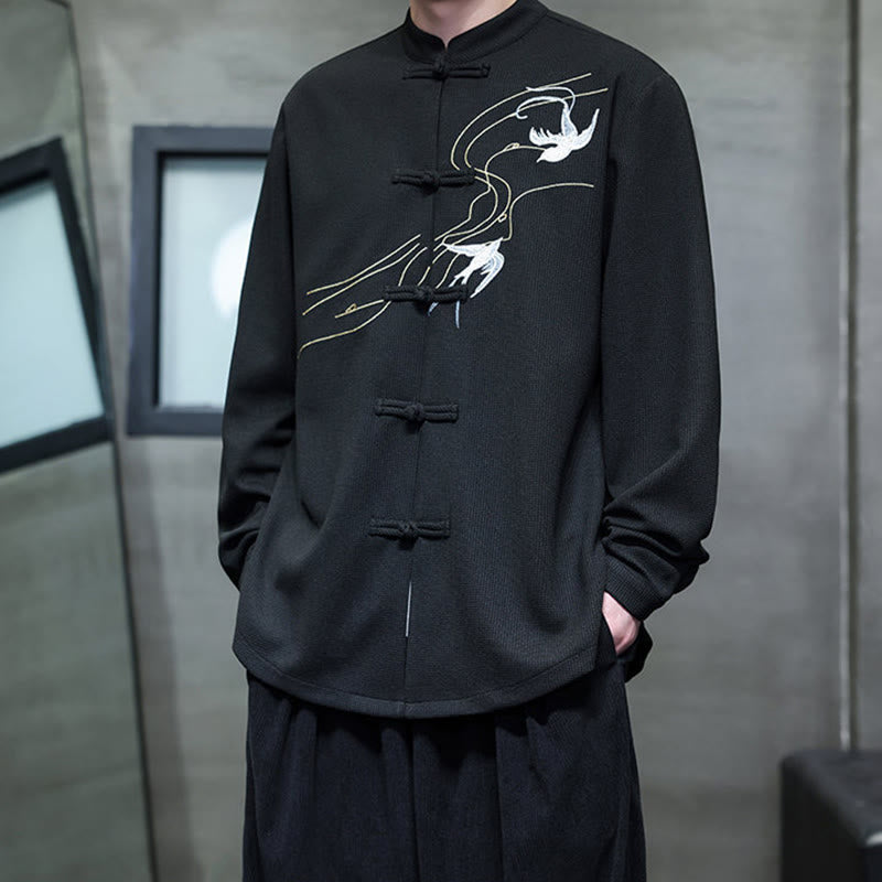 Breathable Frog-Button Embroidered Stand Collar Meditation Shirt