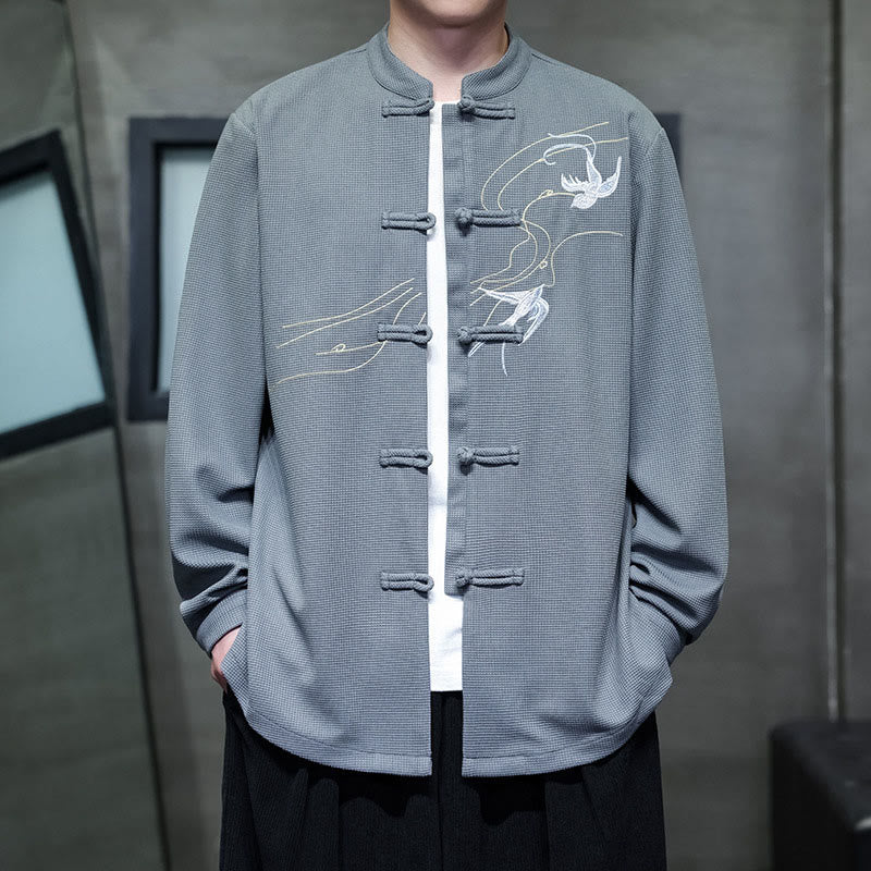 Breathable Frog-Button Embroidered Stand Collar Meditation Shirt