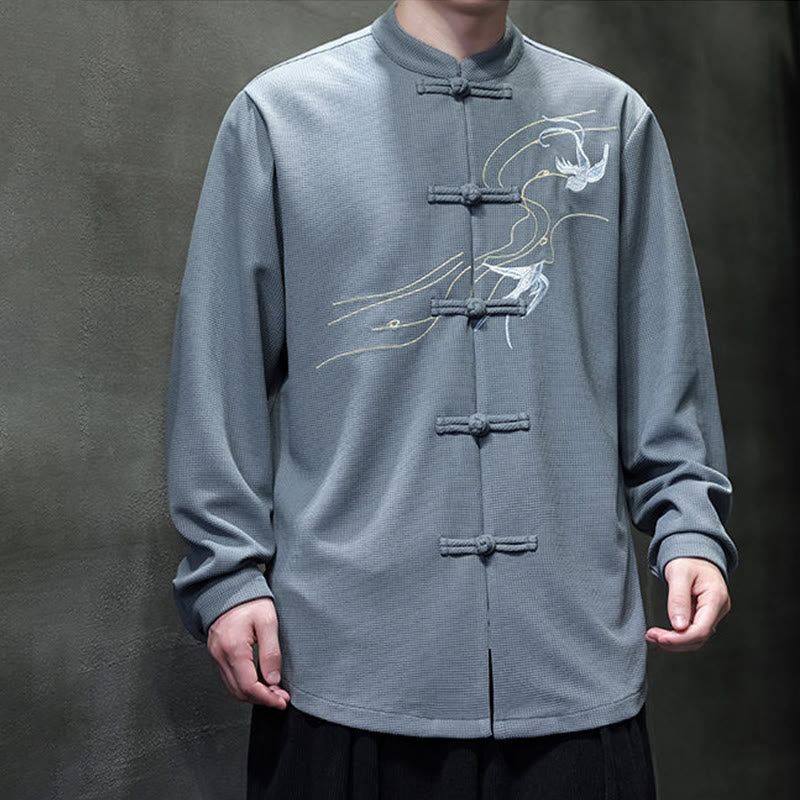 Breathable Frog-Button Embroidered Stand Collar Meditation Shirt