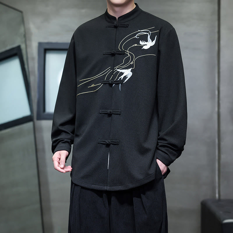 Breathable Frog-Button Embroidered Stand Collar Meditation Shirt