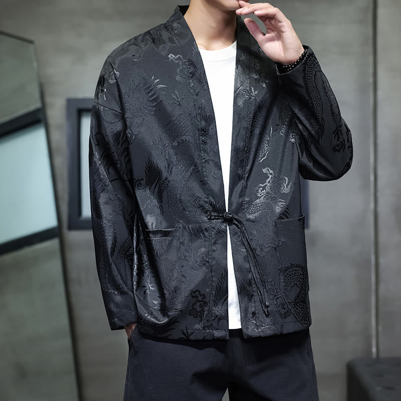Traditional Stand-Collar Dragon Jacquard Frog-Button Meditation Shirt