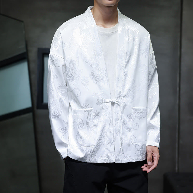 Traditional Stand-Collar Dragon Jacquard Frog-Button Meditation Shirt