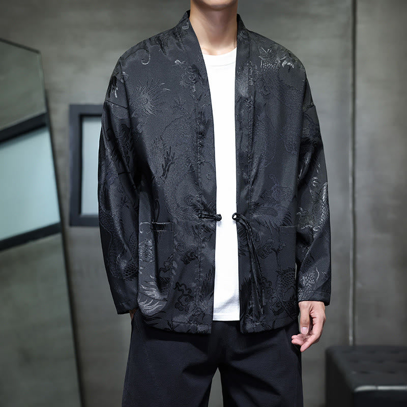 Traditional Stand-Collar Dragon Jacquard Frog-Button Meditation Shirt