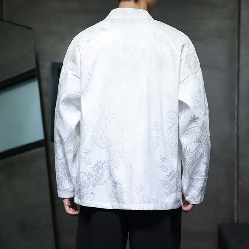 Traditional Stand-Collar Dragon Jacquard Frog-Button Meditation Shirt