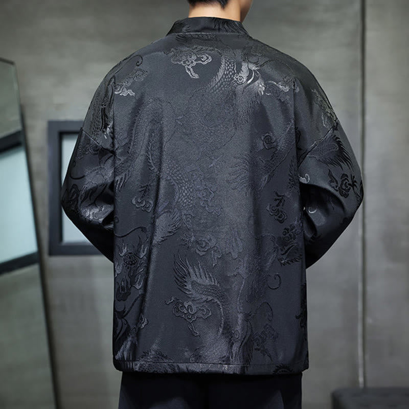 Traditional Stand-Collar Dragon Jacquard Frog-Button Meditation Shirt