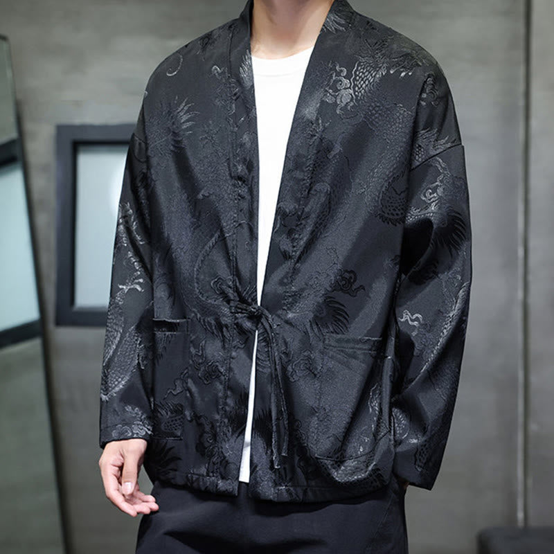 Traditional Stand-Collar Dragon Jacquard Frog-Button Meditation Shirt