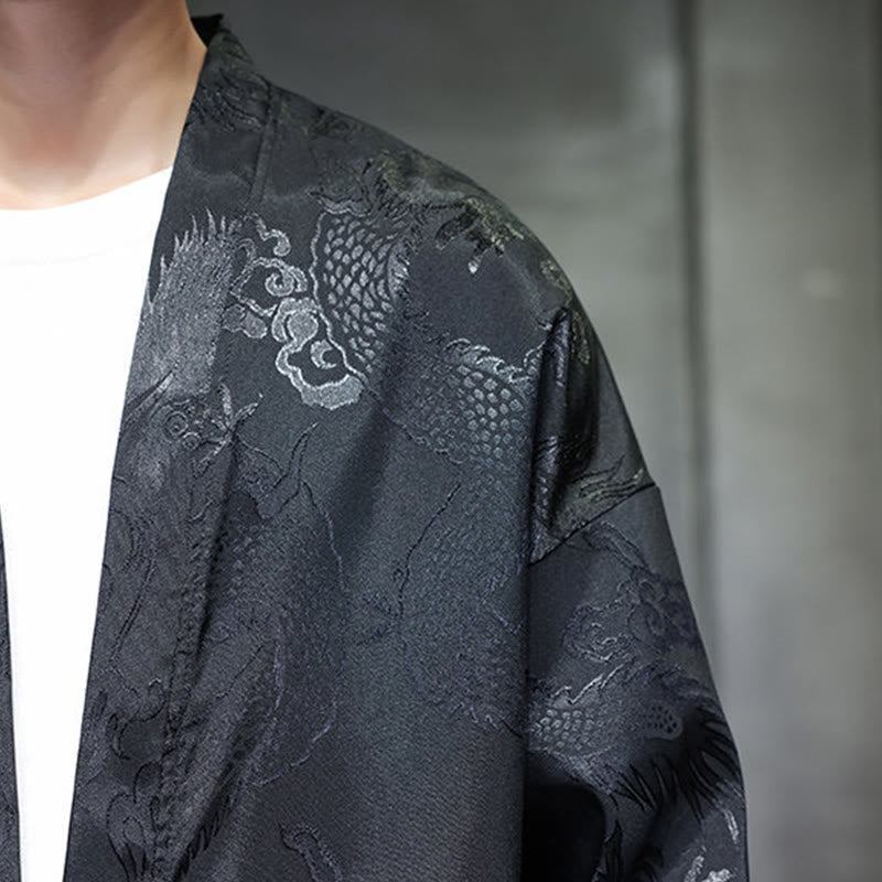 Traditional Stand-Collar Dragon Jacquard Frog-Button Meditation Shirt