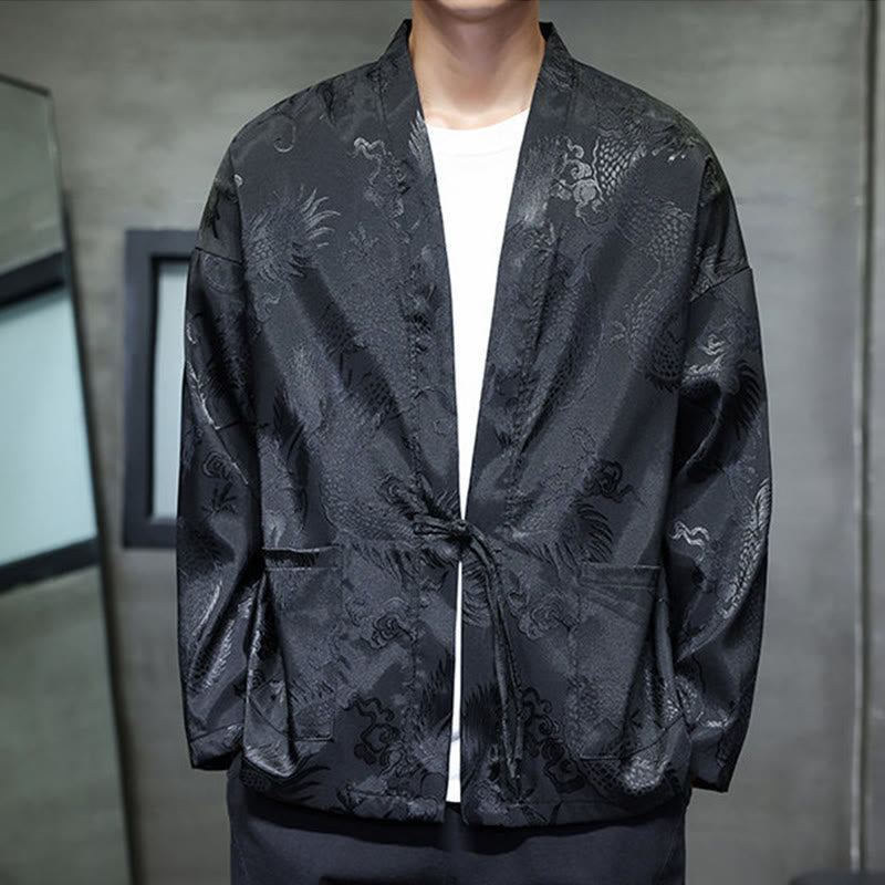 Traditional Stand-Collar Dragon Jacquard Frog-Button Meditation Shirt
