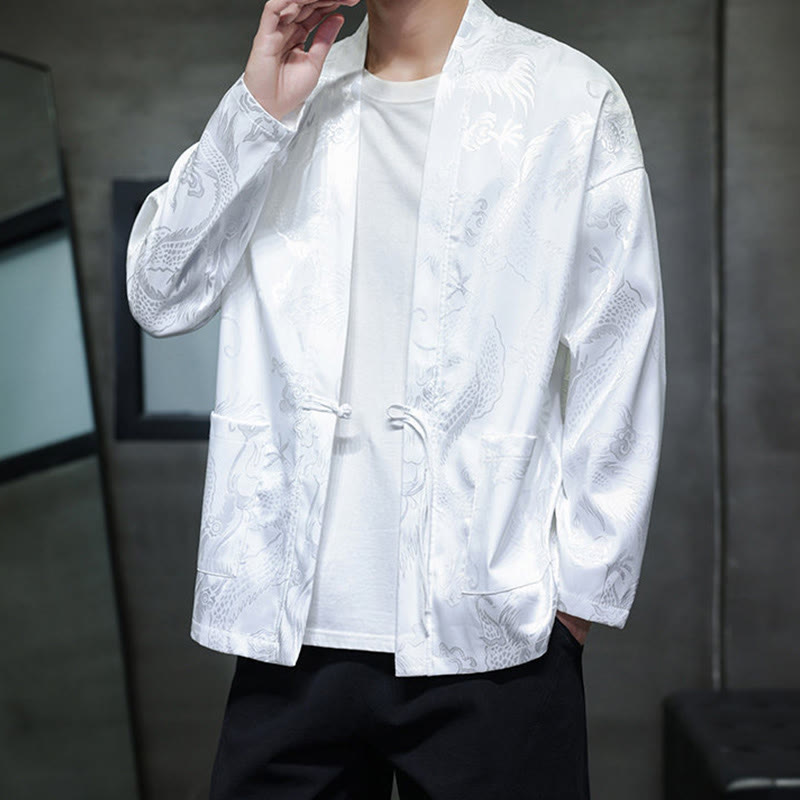 Traditional Stand-Collar Dragon Jacquard Frog-Button Meditation Shirt