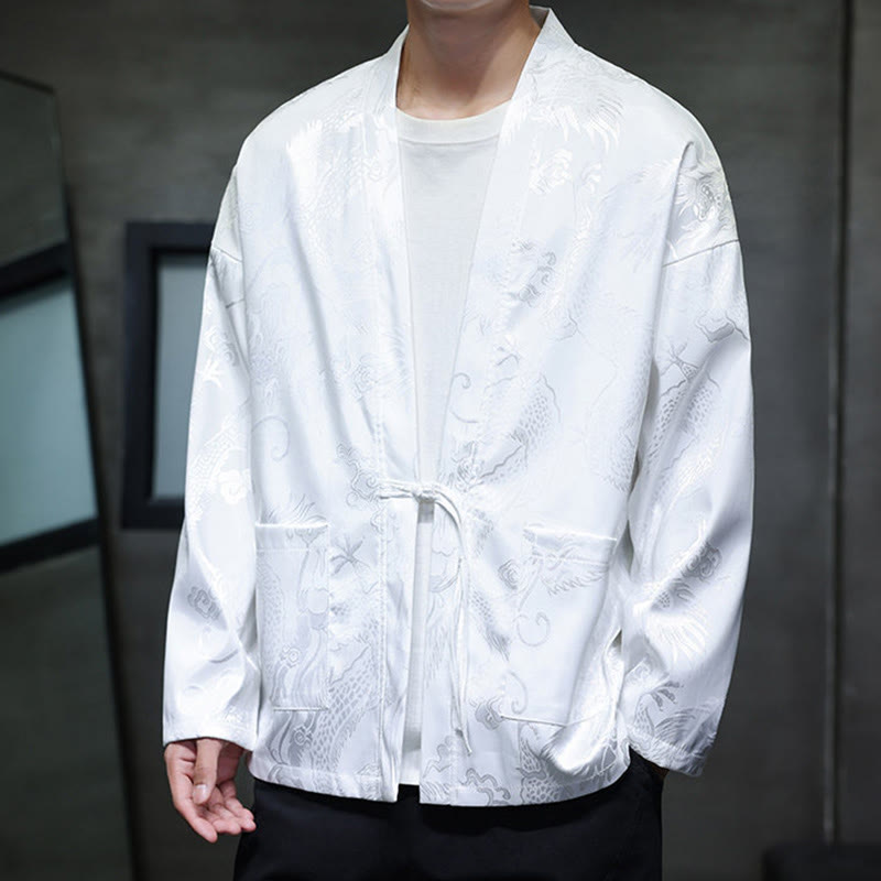 Traditional Stand-Collar Dragon Jacquard Frog-Button Meditation Shirt
