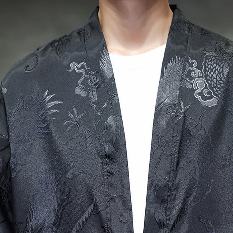 Traditional Stand-Collar Dragon Jacquard Frog-Button Meditation Shirt