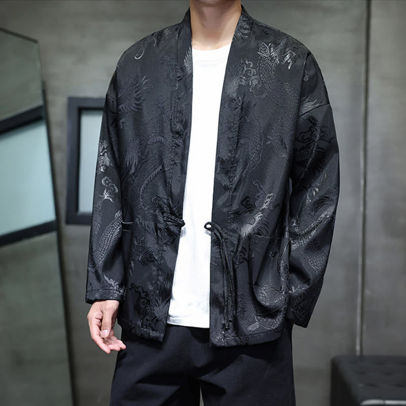 Traditional Stand-Collar Dragon Jacquard Frog-Button Meditation Shirt