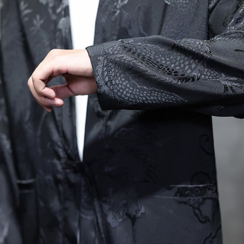 Traditional Stand-Collar Dragon Jacquard Frog-Button Meditation Shirt