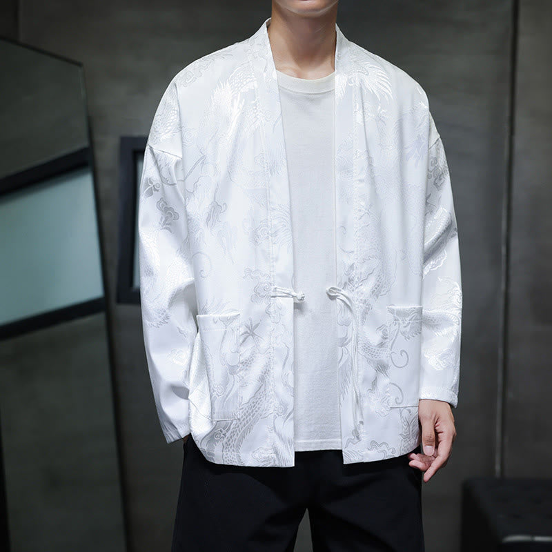 Traditional Stand-Collar Dragon Jacquard Frog-Button Meditation Shirt