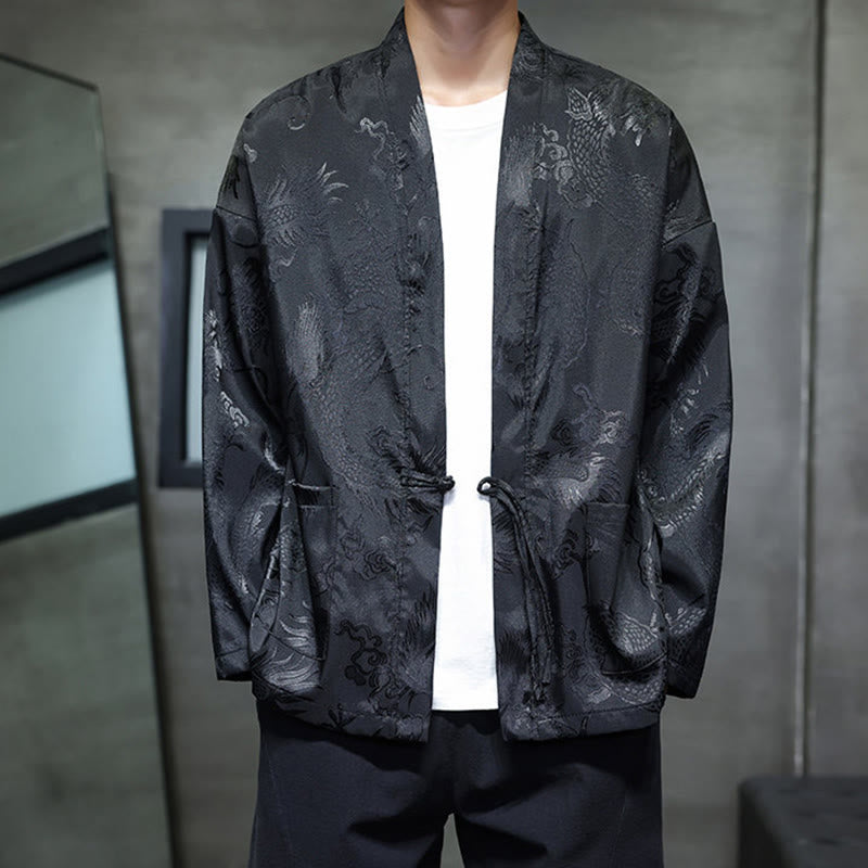 Traditional Stand-Collar Dragon Jacquard Frog-Button Meditation Shirt
