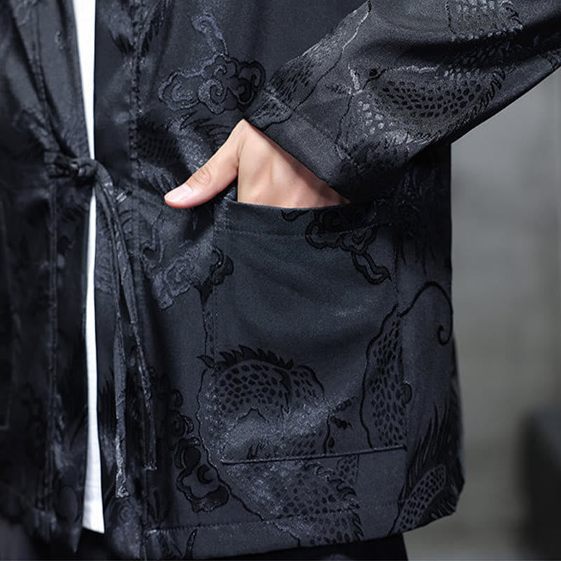 Traditional Stand-Collar Dragon Jacquard Frog-Button Meditation Shirt