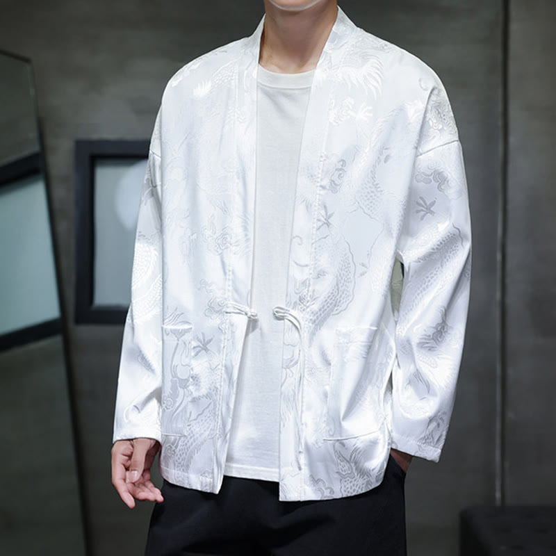 Traditional Stand-Collar Dragon Jacquard Frog-Button Meditation Shirt
