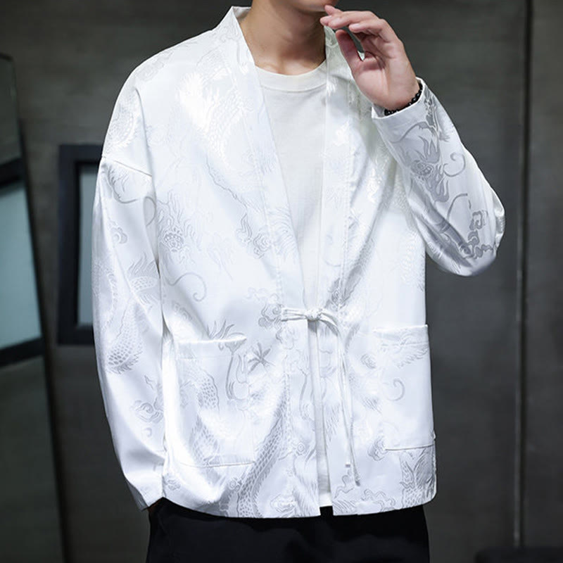 Traditional Stand-Collar Dragon Jacquard Frog-Button Meditation Shirt