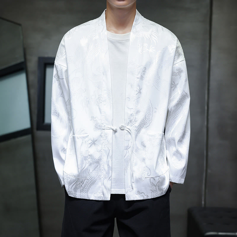 Traditional Stand-Collar Dragon Jacquard Frog-Button Meditation Shirt