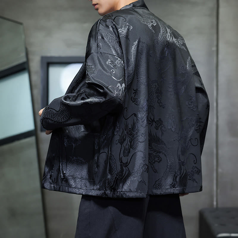Traditional Stand-Collar Dragon Jacquard Frog-Button Meditation Shirt