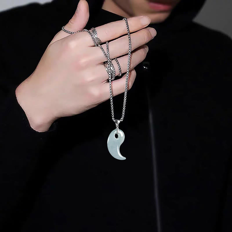 925 Sterling Silver Teardrop Design Jade Titanium Steel Chain Necklace Luck Pendant