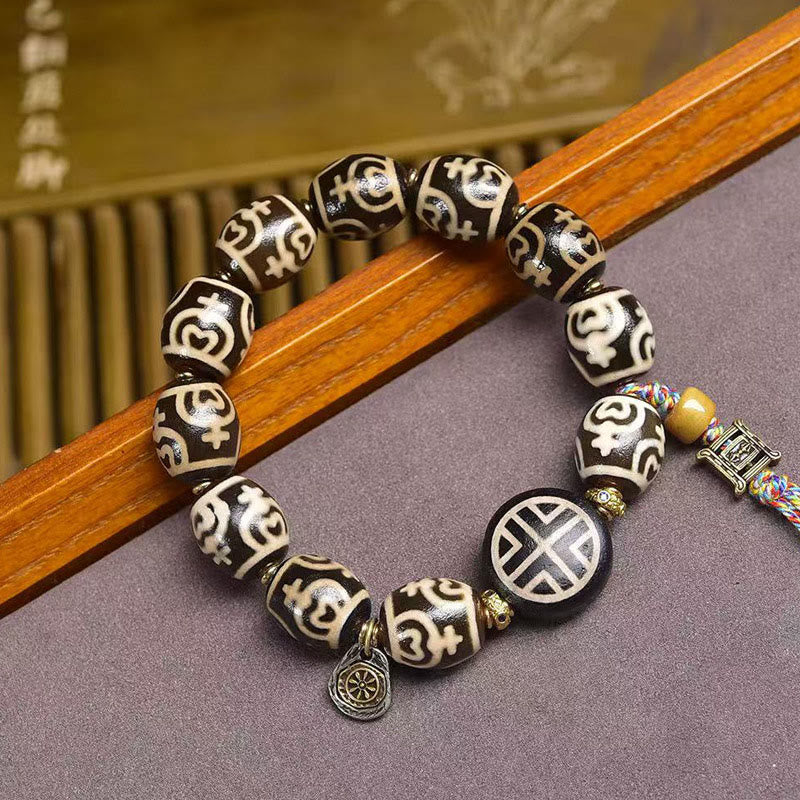 Tibetan Citipati Agate and Copper Ritual Bracelet with Treasure Vase Dzi Bead