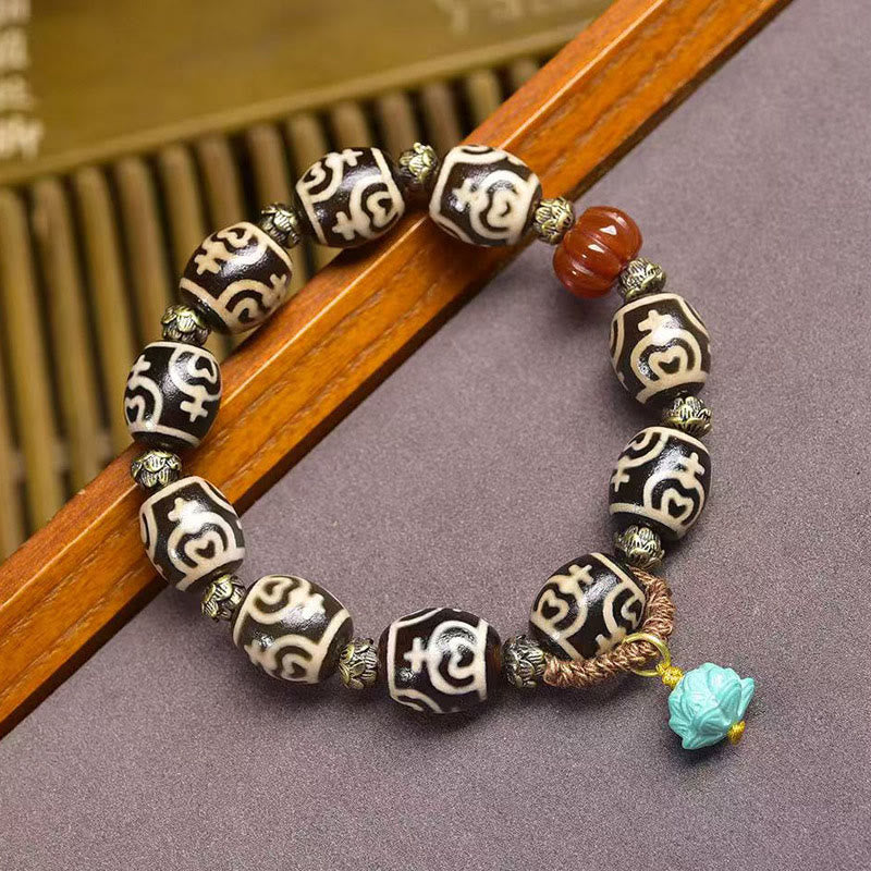 Tibetan Citipati Agate and Copper Ritual Bracelet with Treasure Vase Dzi Bead