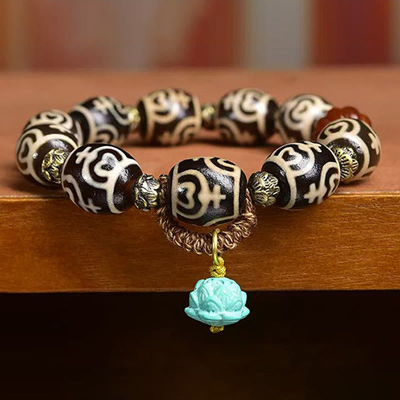 Tibetan Citipati Agate and Copper Ritual Bracelet with Treasure Vase Dzi Bead